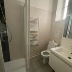 Modern bathroom with shower, washbasin and toilet for international students in a Lyon homestay.