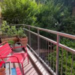 Sunny balcony overlooking greenery at a Lyon host family home