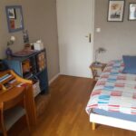 Furnished student bedroom with bed, desk, bookshelves and wooden flooring in Lyon.