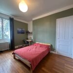 Spacious double bedroom with desk, wooden floors and large window in a host family home near Lyon.