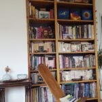 Large bookshelf and reading corner in a welcoming international student homestay in Lyon.